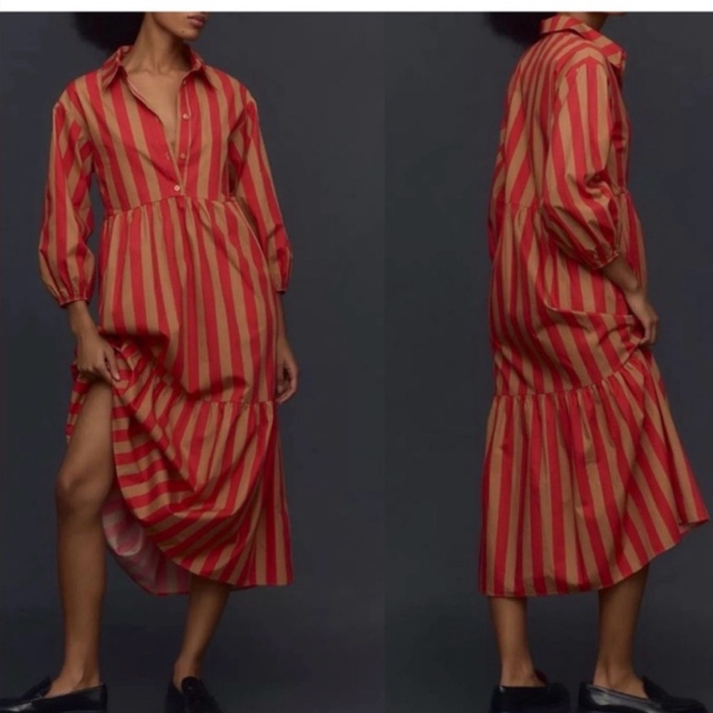 Anthropologie Bettina Striped Red and Tan Midi Dress XL